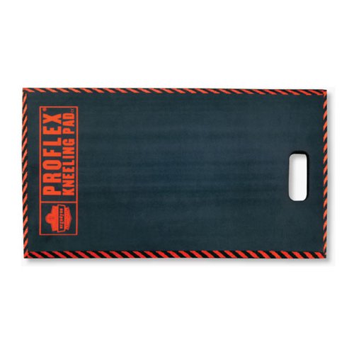Kneeling pad with a large work surface. Bevelled safety edge with orange warning stripes. Convenient handle also allows for hanging storage. Features dry grip surface technology, wet surface grip technology, water repellent, non-conductive or ESD. Hand washable. Dimensions: 410x710x25mm (16x28x1 inch).