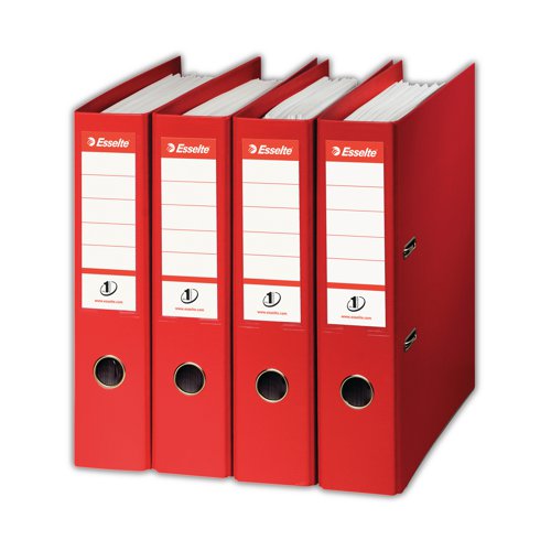 Organise your A4 documents with these red Esselte No1 Lever Arch Files. Made of quality board covered in durable PVC, they have a front cover locking mechanism to ensure the file remains closed and its contents secure, even after 10,000 uses. Each file can hold up to 500 A4 sheets and the spine has a removeable ticket to make labelling the file easy.