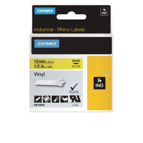 Dymo Rhino 12mm Black on Yellow Permanent Vinyl Tape S0718450 18432