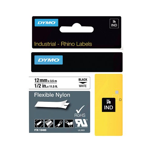 Dymo 18488 Rhino Nylon Tape 12mm x 3.5m Black on White S0718100 ES18901 Buy online at Office 5Star or contact us Tel 01594 810081 for assistance
