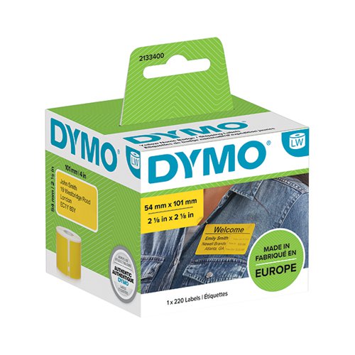 DYMO LabelWriter Labels for efficient and cost effective mailing, shipping and organisational needs. Using direct thermal printing technology that prints without ink or toner, this roll of pre-sized labels makes it easy to print one shipping label or hundreds without the hassle of sheets, waste or label jams. LabelWriter labels are designed for DYMO 450 Series, 4XL and LabelWriter Wireless label makers. Supplied in a pack of 1 roll of 220 yellow labels.