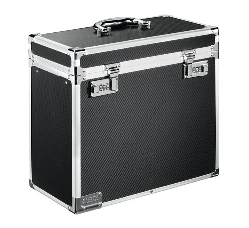 ES36482 | This Leitz mobile filing case is ideal for document storage at home, in your car or on the go. The case contains rails for storing up to 15 foolscap suspension files and their contents. The strong lid features a six-digit combination lock for secure closure. The case also features a convenient, metal carrying handle.