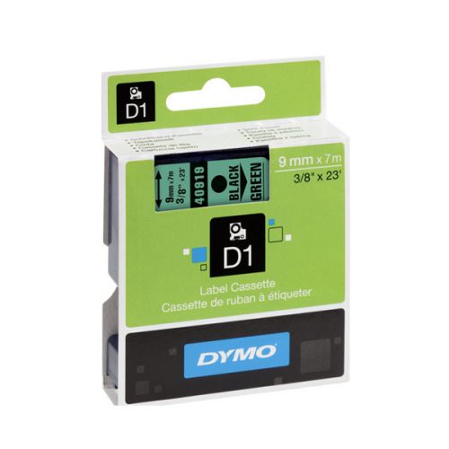 Dymo D1 Tape Cartridge 9mm x 7m Black on Green S0720740
