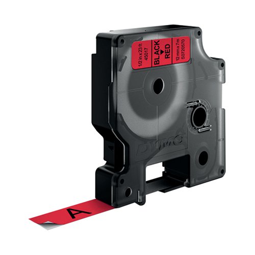 With black text on a red background, this Dymo D1 standard tape is ideal for labelling stationery, equipment, files, folders and more. Made from strong polyester, the tape features a strong self-adhesive backing that is suitable for almost all surfaces. Compatible with Dymo LabelManager and MobileLabeler label makers, the cassette slots in with ease. The tape is 12mm wide and comes supplied on a 7 metre roll.