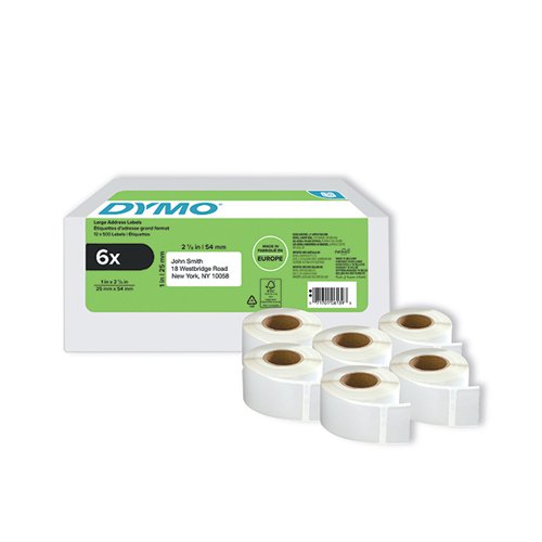 Dymo LabelWriter Return Address Labels 25 x 54mm Self-Adhesive White (Pack of 6) 2177564 Label Tapes ES77564