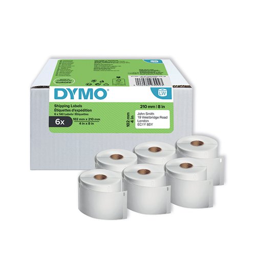 Authentic DYMO LabelWriter DHL Shipping Labels are an efficient and cost-effective solution to all of your mailing, shipping and organisational needs. These large, 102x210mm shipping labels provide clear, legible text for accurate delivery of packages. Direct thermal-printing eliminates messy and expensive ink or toner. Self-adhesive, and easy-to-peel labels for fast, precise labelling. 140 labels per roll, so you can quickly print one label or hundreds with no waste. Compatible with DYMO LabelWriters 4XL and 5XL label makers. Pack of 6.