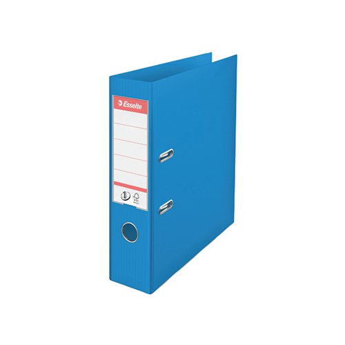 This Esselte lever arch file contains a patented No.1 filing mechanism with outstanding locking force to keep A4 documents secure. The file has a 75mm spine and can hold up to 500 sheets of 80gsm paper. The file also features durable polypropylene covers, a metal thumb hole for easy retrieval from a shelf and metal edges for long lasting use. This pack contains 10 blue A4 lever arch files.
