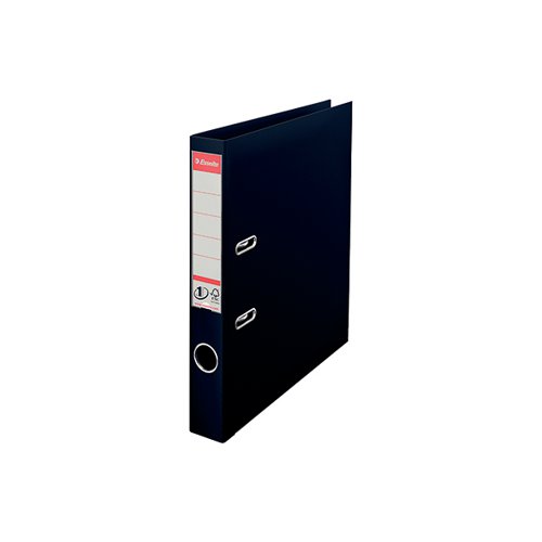 This Esselte lever arch file features a 50mm spine, which can hold up to 350 sheets of 80gsm A4 paper. The file also features durable polypropylene covers, a metal thumb hole for easy retrieval from a shelf and metal edges for long lasting use. This pack contains 10 black lever arch files.