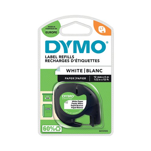 4 Roll Replacement Dymo LetraTag White Paper Label Tape 91200 S0721510 12 mm x 