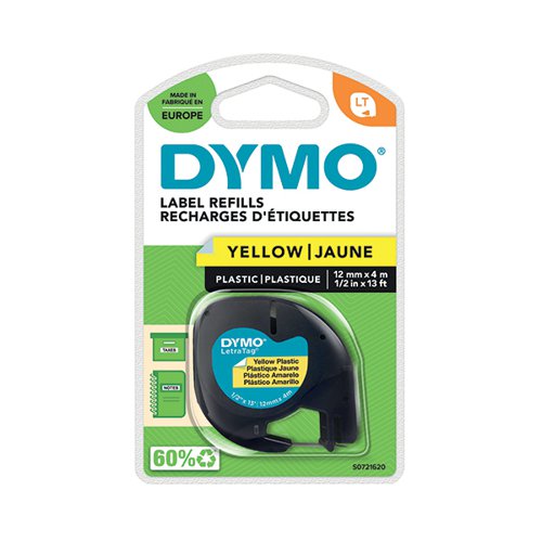 Dymo 91202 LetraTag Plastic Tape 12mm x 4m Yellow S0721620 Label Tapes ES91202