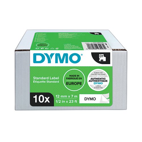 Dymo D1 LabelMaker Tape 12mmx7mm Black on White (Pack of 10) 2093097