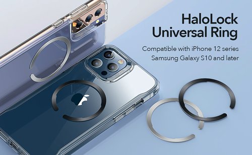 ESR11113 | The ESR HaloLock Universal Ring allows you to upgrade your phone case to MagSafe using this easy-to-install ferromagnetic ring with position lock tail design. The 360 degree magnetic tail design creates a secure position lock and prevents spinning, so your favourite accessories always stay perfectly in place. It ensures perfect alignment between your phone and the charging coil to maximise charging efficiency and allow you to enjoy easier tap-and-go wireless charging.