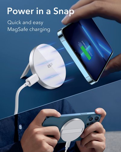 The ESR HaloLock Kickstand is a MagSafe compatible wireless charger that lets you fast charge and watch videos, video calls or game at any angle. An adjustable foldout kickstand transforms this magnetic charging pad into the perfect gaming, Netflix and FaceTime companion. Choose portrait or landscape and an angle that suits you.