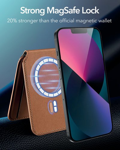 ESR13212 | The ESR HaloLock Vegan Leather Wallet Stand keeps all of your valuables safe and magnetically secured to your phone. Powerful magnets provide a holding force to ensure that your wallet stand stays securely attached. The wallet stand can be angled between 15-160 degree to find the perfect position for any situation. 3 separate card slots make it quick and easy for you to grab the card that you need, while the clear windowed slot allows you to easily flash your ID when necessary. A metallic mesh lining protects your cards against demagnetization to ensure that your cards stay safe and you are always ready for the checkout line.