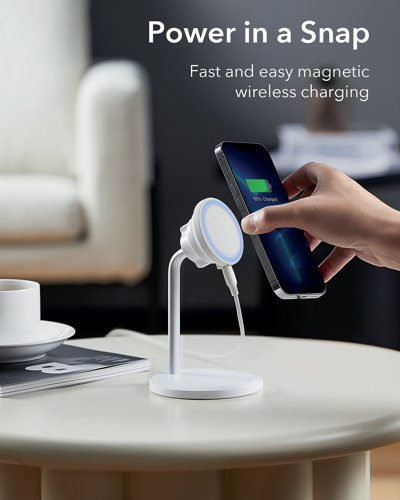 ESR13219 | The ESR HaloLock Shift Wireless Charger is a MagSafe compatible desktop charging stand with a removable magnetic charging pad. It gives you fast and easy magnetic wireless charging that is enhanced by intelligent heat management technology. The removable charging pad lets you instantly switch from stand mode for convenient hands-free viewing and FaceTiming to free-move mode for calls, messaging, or gaming while you charge. Powerful magnets and a non-slip surface hold your phone securely in place.