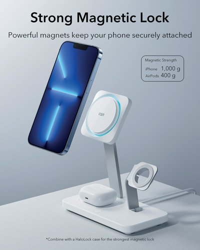 The ESR HaloLock 3-in-1 Wireless Charger with CryoBoost is a MagSafe wireless charging stand with phone-cooling tech, AirPods magnetic charging pad, and Apple watch charging stand. The phone-cooling fan and heat-dissipating tech combine to keep your phone cool and charging speed at its maximum even when you are using it. Magnets automatically align your iPhone and AirPods to the charger, while watch stand makes docking even easier, giving you fast and easy tap-and-go charging all in one place.