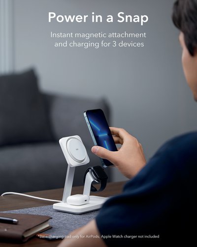 ESR13266 | The ESR HaloLock 3-in-1 Wireless Charger with CryoBoost is a MagSafe wireless charging stand with phone-cooling tech, AirPods magnetic charging pad, and Apple watch charging stand. The phone-cooling fan and heat-dissipating tech combine to keep your phone cool and charging speed at its maximum even when you are using it. Magnets automatically align your iPhone and AirPods to the charger, while watch stand makes docking even easier, giving you fast and easy tap-and-go charging all in one place.