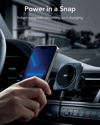 The ESR HaloLock Wireless Car Charger with CryoBoost charges your phone faster than any other MagSafe charger while navigating. A phone-cooling fan and heat-dissipating tech combine to keep your phone cool and charging speed at its maximum even when you are using it. Magnets automatically align your phone and the charger to give you faster and easier charging with magnetic place-and-go convenience. Powerful magnets with a holding force of 1400g keep your phone safely in place even when driving on the bumpiest of roads to ensure a stable mount.