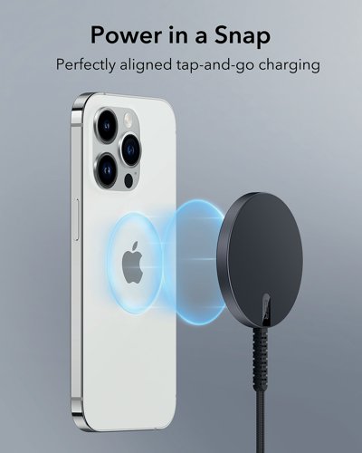 The ESR HaloLock mini is a slim and durable MagSafe compatible wireless charger. With a reinforced base and braided-nylon outer casing, the extra-long cable has been constructed to stay looking and working like new after more than 6000 bends. Tap and go MagSafe compatible wireless charging, simply snap the charger on to your phone and enjoy perfectly aligned fast charging. Powerful magnets with 1200g of holding force create a powerfully secure lock on your phone, for a faster, stronger attachment and more reliable charging, even when using your phone. Stays securely locked on your phone while charging.