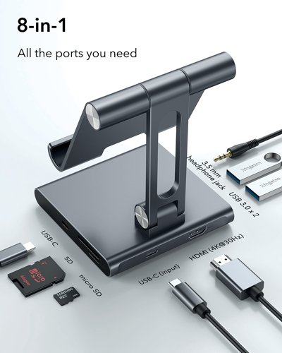 ESR 8-in-1 Portable Hub and Stand USB-C Grey 6A002 USB Hubs ESR16508