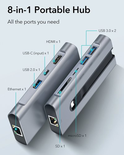 The ESR 8-in-1 Portable USB-C Hub has a compact, integrated cable design, for all your expansion needs in the office, at home, or on the go. Instantly connect your laptop, tablet, or phone to a whole host of secondary devices to achieve more in the office or at home, and take it anywhere thanks to the integrated, compact design.
