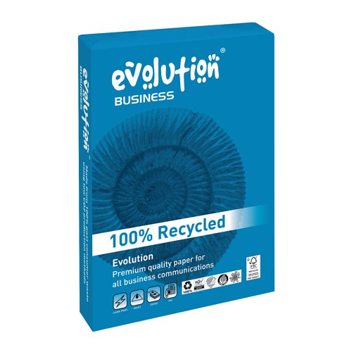 High quality and environmentally sound, Evolution Business paper is the ideal choice for trouble free printing that leaves a smaller environmental footprint. Made from 100% recycled post-consumer waste using a chlorine-free whitening process, the paper has a high opacity for exceptional print clarity and is ideal for all business communications. A4 in size, the paper has a weight of 80gsm and is supplied in a pack of 5 reams.