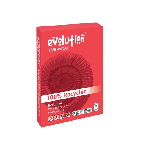 EVO00090 | High quality and environmentally sound, Evolution Everyday paper is the ideal choice for trouble free printing that leaves a smaller environmental footprint. Made from 100% recycled post-consumer waste using a chlorine-free whitening process, the paper has a high opacity for exceptional print clarity and is ideal for everyday use. A4 in size, the paper has a weight of 75gsm and is supplied in a pack of 5 reams.