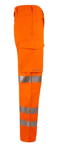 Envirowear High Visibility trousers designed to be recycled, using mono-fibre design principles. rPet generated can be used in all kinds of polyester clothing and accessories. Made from 240gsm 100% polyester twill fabric. Features triple sewn seams for durability, 7 belt loop waistband, 2 cargo pockets and hexpatterned heatseal Retro-Reflective tape. available in short, regular and tall sizes. Machine washable at 40 degrees C up to a maximum of 25 cycles.