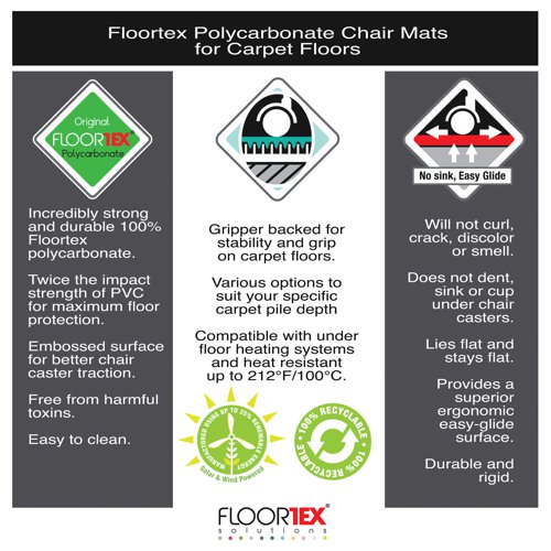 FL74113 | Floortex Ultimat Polycarbonate provides the ultimate in quality, clarity and durability. Provides ergonomic benefits for chair users by providing easy glide movement and reduced leg fatigue. No cracking, no curling, no dimpling, no yellowing, no smelling. Free of toxic chemicals and PVC. Polycarbonate mats can be used immediately, unlike PVC there is no need to wait for the product to lie flat.