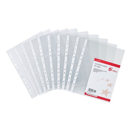 5 Star Office is a competitive range of office stationery. These Punched Pockets securely store your important paperwork with a top and side opening. Made of durable polypropylene which is copy-safe to protect your written and typed A4 documents, and that allows you to flip pages with ease. As it is transparent, you can use this document pocket to display projects, paperwork, catalogues and magazines at meetings or conferences. Reinforced blue multi-punched edge, allowing you to store unpunched documents in a ring binder or lever arch file. This pack contains 100 wallets.