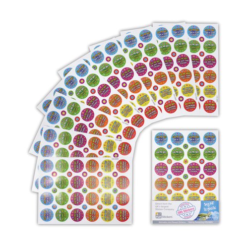 FS27017 | This pack of 585 stickers is perfect for use in schools. Ideal for rewarding good work and motivating children, this pack contains 15 sheets of colourful stickers. The stickers are made of 100% paper and contain no plastic. They come in a range of designs and are printed with phrases such as Ask me why I'm a star today and Ask me why I'm wearing this sticker.