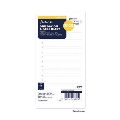 For use in Filofax Personal Organisers, this diary refill for 2025 is 6 hole punched, with a day per page format that has hourly appointment slots running from 8am to 8pm, ideal for keeping a note of your meetings and plans. Each page also features a monthly calendar for easy referencing.