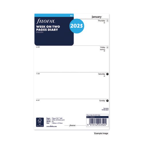 For use in Filofax A5 Organisers, this diary refill for 2025 is 6 hole punched with each week spread across two pages for noting down meetings, appointments and general notes. Each page also features a monthly calendar for easy referencing.