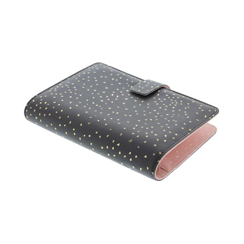 Enjoy everyday planning with this Personal size organiser from the Filofax Confetti Collection, with a Charcoal, smooth faux-look cover with gold foil accents and rose pink colour patterned interior. With a 23mm ring capacity, and a closure strap to ensure contents are protected and remain private. Supplied with a transparent flyleaf, front sheet, week to view diary with appointment times, six tab index, four sheets of to do lists, eight sheets of white ruled notepaper, four sheets of white quadrille notepaper, eight sheets of white plain notepaper, eight sheets of contacts, eight sheets of blue ruled notepaper, eight sheets of green ruled notepaper, eight sheets of pink ruled notepaper, ruler/ page marker, top opening envelope.