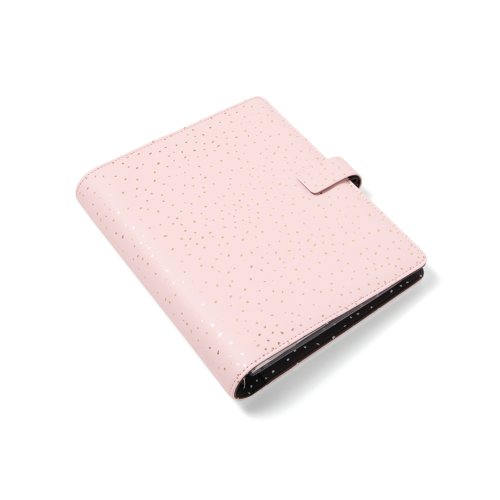 Enjoy everyday planning with this Personal size organiser from the Filofax Confetti Collection, with a Rose Quartz, smooth faux-look cover with gold foil accents and charcoal colour patterned interior. With a 23mm ring capacity, and a closure strap to ensure contents are protected and remain private. Supplied with transparent flyleaf, front sheet, week to view diary with appointment times, six tab index, four sheets of to do lists, eight sheets of white ruled notepaper, four sheets of white quadrille notepaper, eight sheets of white plain notepaper, eight sheets of contacts, eight sheets of blue ruled notepaper, eight sheets of green ruled notepaper, eight sheets of pink ruled notepaper, ruler/ page marker, top opening envelope.