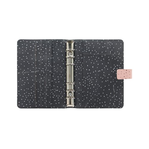 Enjoy everyday planning with this Personal size organiser from the Filofax Confetti Collection, with a Rose Quartz, smooth faux-look cover with gold foil accents and charcoal colour patterned interior. With a 23mm ring capacity, and a closure strap to ensure contents are protected and remain private. Supplied with transparent flyleaf, front sheet, week to view diary with appointment times, six tab index, four sheets of to do lists, eight sheets of white ruled notepaper, four sheets of white quadrille notepaper, eight sheets of white plain notepaper, eight sheets of contacts, eight sheets of blue ruled notepaper, eight sheets of green ruled notepaper, eight sheets of pink ruled notepaper, ruler/ page marker, top opening envelope.