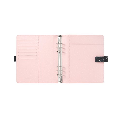 Enjoy everyday planning with this A5 organiser from the Filofax Confetti Collection, with a Charcoal Quartz coloured, smooth faux-look cover with gold foil accents and rose pink patterned interior. With a 30mm ring capacity, and a closure strap to ensure contents are protected and remain private. Supplied with a transparent flyleaf, front sheet, week to view diary with appointment times, six tab index, four sheets of to do lists, eight sheets of white ruled notepaper, four sheets of white quadrille notepaper, eight sheets of white plain notepaper, eight sheets of contacts, eight sheets of blue ruled notepaper, eight sheets of green ruled notepaper, eight sheets of pink ruled notepaper, ruler/ page marker, top opening envelope.