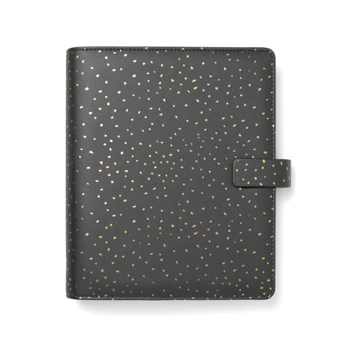 Enjoy everyday planning with this A5 organiser from the Filofax Confetti Collection, with a Charcoal Quartz coloured, smooth faux-look cover with gold foil accents and rose pink patterned interior. With a 30mm ring capacity, and a closure strap to ensure contents are protected and remain private. Supplied with a transparent flyleaf, front sheet, week to view diary with appointment times, six tab index, four sheets of to do lists, eight sheets of white ruled notepaper, four sheets of white quadrille notepaper, eight sheets of white plain notepaper, eight sheets of contacts, eight sheets of blue ruled notepaper, eight sheets of green ruled notepaper, eight sheets of pink ruled notepaper, ruler/ page marker, top opening envelope.