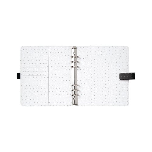 Filofax's Moonlight Personal size organiser in black, features gold accents and a patterned interior in white. The faux-leather, textured patterned cover and clean double turned edge construction provides a stylish, chic look. With a 23mm ring capacity, and a closure strap to ensure contents are protected and remain private. Supplied with a transparent flyleaf, Moonlight front sheet, week to view diary, six white dividers, ten sheets of to-do lists, tens sheets of plain notepaper, grey ruler/page marker, top opening envelope and an elastic pen loop.