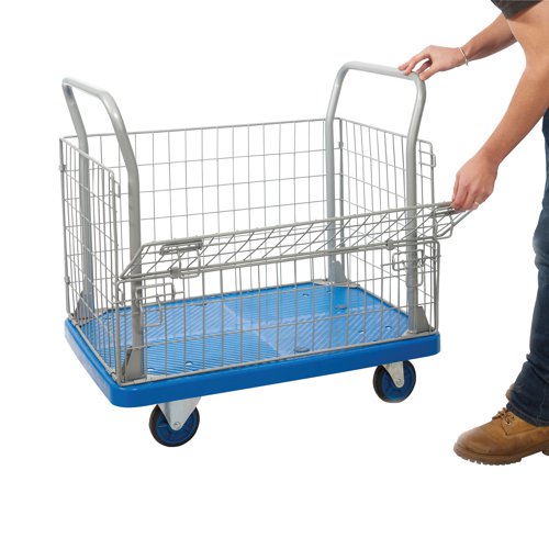 GA71932 | With a polypropylene base capable of a total weight capacity of 300kg, as well as useful half drop mesh sides, this platform truck will make loading and unloading easier than ever before. Running smoothly on 4 steel housed rubber castors, and with a protective buffering strip on the outer edges, this trolley is a great transport solution for your workplace.