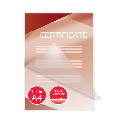 Laminating pouches are a convenient, everyday solution to protect and enhance valuable presentation pages, reference lists, product sheets, notices, photographs and certificates. 150 Micron Gloss. A4 format. Pack size:100.