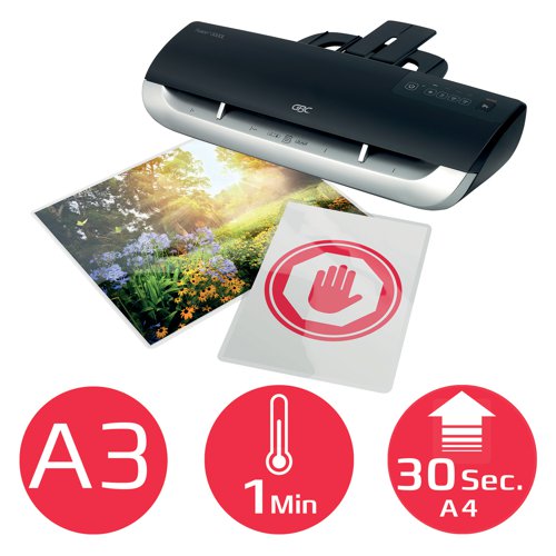 Right First Time, in Half the Time. Ideal for the frequent home or office user, the Fusion 3000L A3 Laminator guarantees great results fast. Stylish and compact, it is ready to use in 1 minute and laminates a single document up to A3 size in just 30 seconds using 2x75 micron pouches. Designed for use with 2x75 to 2x125 micron pouches. An adjustable pouch guide and an exit tray keep documents precisely aligned and perfectly flat.