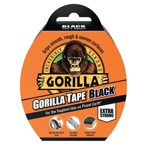 This extra strong, versatile Gorilla Tape is suitable for both indoor and outdoor applications with a tough, weather resistant shell that can withstand harsh elements. The reinforced backing and double thick adhesive provides great grip, even on uneven surfaces, but can still be torn by hand for easy application. This black tape measures 48mm x 11mm.