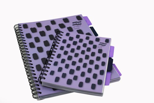 The Europa Splash A5 Project book with a stylish polypropylene cover and three repositionable, polypropylene dividers is ideal for organising school and office topics. The wire binding allows the book to lie flat for ease of use and the pages are micro-perforated for easy removal. Featuring 200 lined pages of quality 80gsm paper which is feint ruled for neat note-taking, these purple project books are supplied in a pack of 3.