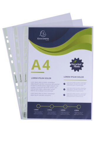 Exacompta's Forever punched pockets for everyday use are made from recycled post-consumer plastic waste and are certified by the Blue Angel environmental label. The 0.6mm grainy Polypropylene pockets feature a reinforced strip and are supplied in a printed box of 100 pockets.