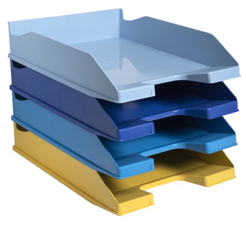 Exacompta Bee Blue Letter Trays Recycled A4 Set of 4 Assorted pack 1. The Bee Blue range from Exacompta combines the latest office space colour trends to help boost performance and enthusiasm in a stimulating and youthful atmosphere! It has been developed to enhance office surroundings with its complementary colours; Saffron, Navy Blue, Light Blue and Turquoise Blue. Without compromising on quality, this range offers a more sustainable approach to stationery by featuring Blue Angel certified products that are made using recycled plastic derived from post-consumer plastic waste. Sure to brighten up your workspace, the range offers a comprehensive selection of filing and desktop accessories.
