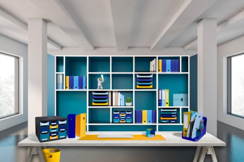 Exacompta Bee Blue Magazine Files Recycled Set of 4 Assorted Pack 1. The Bee Blue range from Exacompta combines the latest office space colour trends to help boost performance and enthusiasm in a stimulating and youthful atmosphere! It has been developed to enhance office surroundings with its complementary colours; Saffron, Navy Blue, Light Blue and Turquoise Blue. Without compromising on quality, this range offers a more sustainable approach to stationery by featuring Blue Angel certified products that are made using recycled plastic derived from post-consumer plastic waste. Sure to brighten up your workspace, the range offers a comprehensive selection of filing and desktop accessories.
