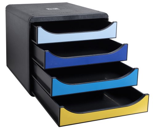 Exacompta Bee Blue Big Box Recycled 4 Drawer Assorted Pack 1. The Bee Blue range from Exacompta combines the latest office space colour trends to help boost performance and enthusiasm in a stimulating and youthful atmosphere! It has been developed to enhance office surroundings with its complementary colours; Saffron, Navy Blue, Light Blue and Turquoise Blue. Without compromising on quality, this range offers a more sustainable approach to stationery by featuring Blue Angel certified products that are made using recycled plastic derived from post-consumer plastic waste. Sure to brighten up your workspace, the range offers a comprehensive selection of filing and desktop accessories.