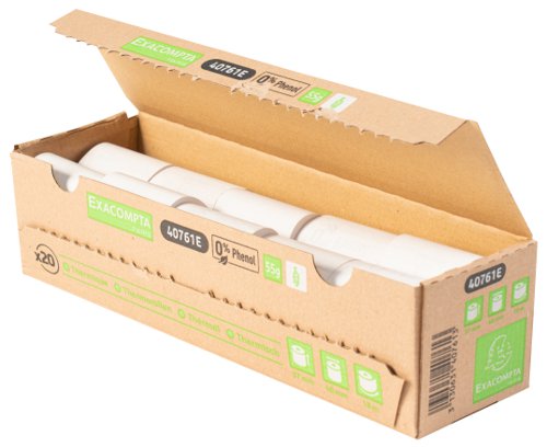 GH40761 | The high-quality till roll from Exacompta measures 57mm x 40mm x 18m and doesn't have a core, making it a zero-plastic product. Complete with a warning strip when running low, these white rolls are supplied in plastic-free, retail friendly packaging, in a pack of 20.
