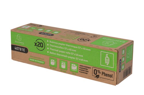 GH40761 | The high-quality till roll from Exacompta measures 57mm x 40mm x 18m and doesn't have a core, making it a zero-plastic product. Complete with a warning strip when running low, these white rolls are supplied in plastic-free, retail friendly packaging, in a pack of 20.